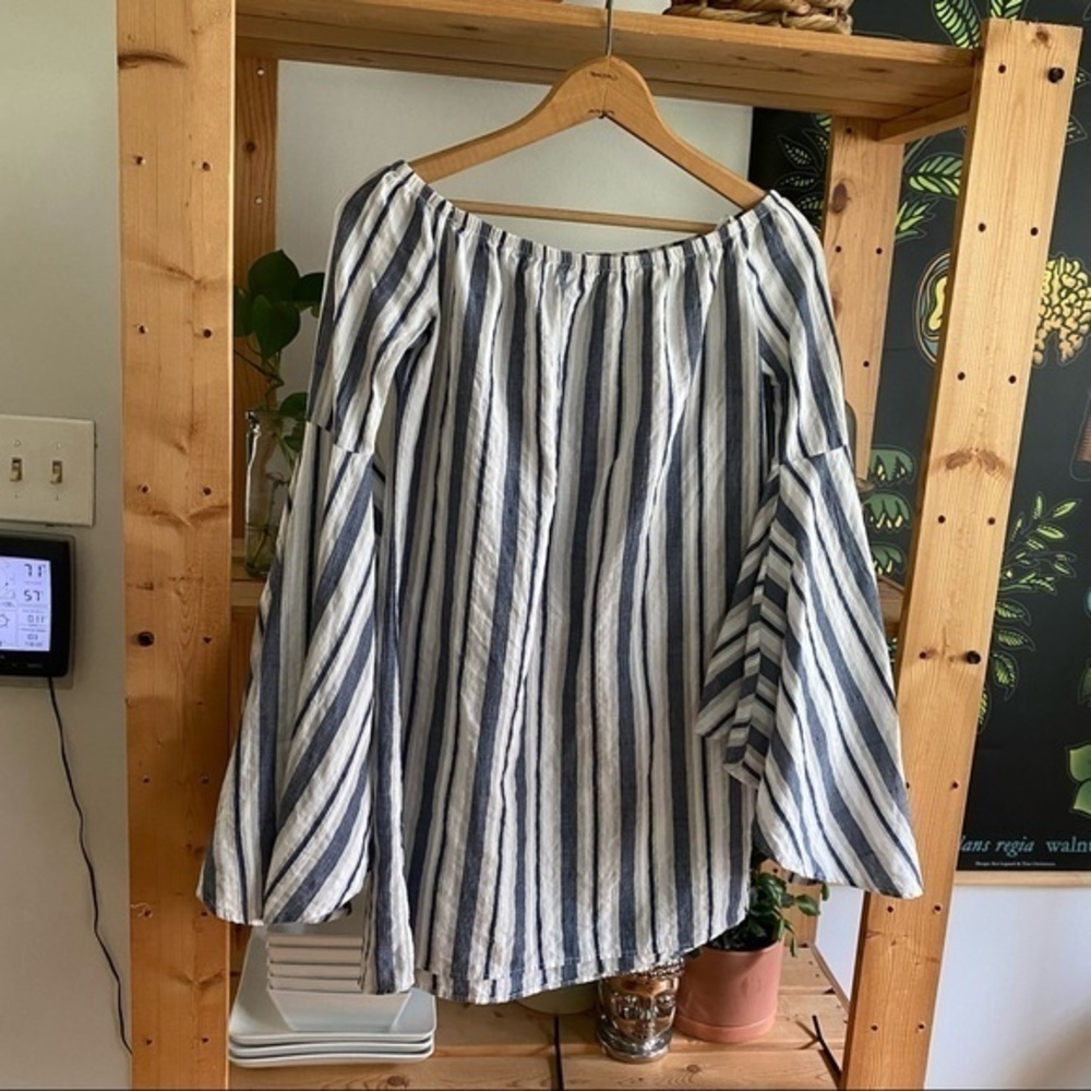 Lulu’s Along the Tides Navy Blue Striped Off-the-Shoulder Mini Dress Bell Sleeve - Picture 4 of 13